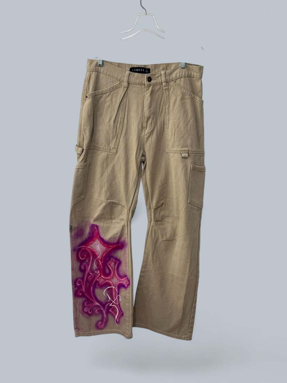 Lioness Cargo Pants Size M Beige Pink Airbrush Art Y2K Streetwear
